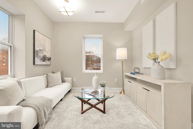 living area featuring visible vents and baseboards