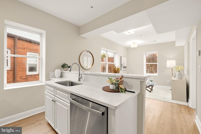 kitchen featuring stainless steel dishwasher, a wealth of natural light, light countertops, and a sink