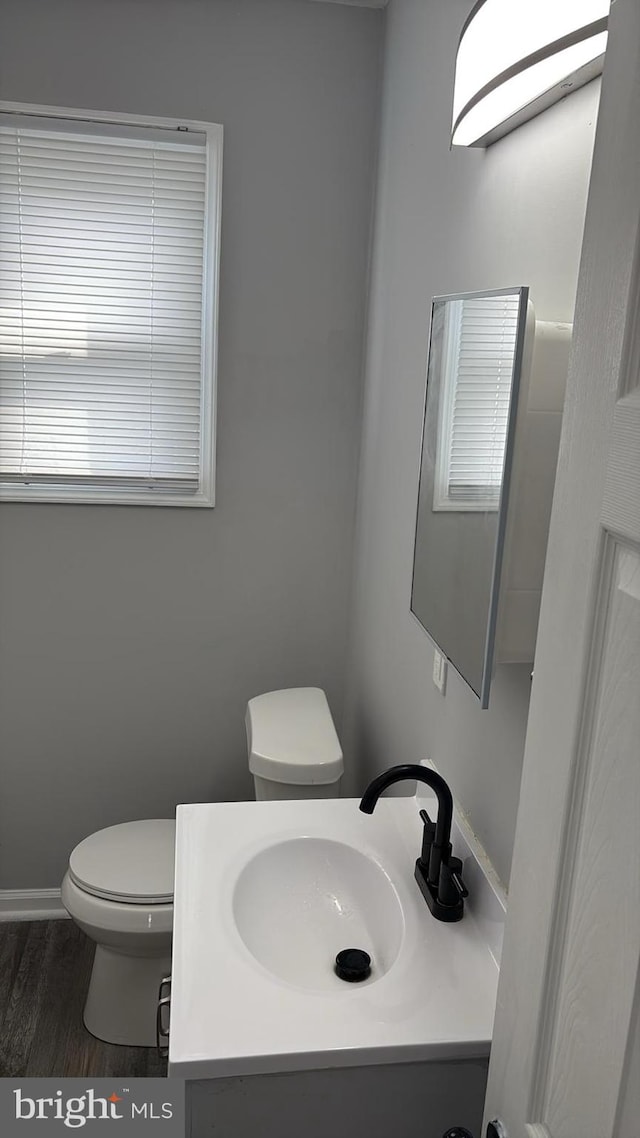 bathroom featuring baseboards, toilet, vanity, and wood finished floors