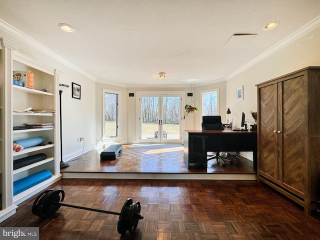 exercise room featuring ornamental molding, french doors, recessed lighting, and baseboards