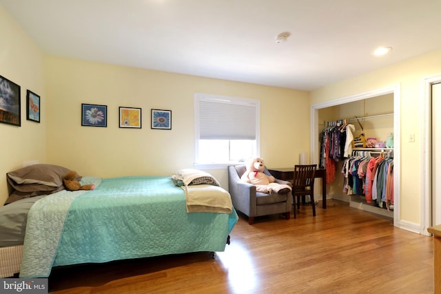 bedroom featuring a closet, a spacious closet, and wood finished floors