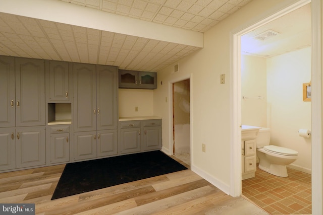 interior space with baseboards, visible vents, toilet, wood finished floors, and vanity