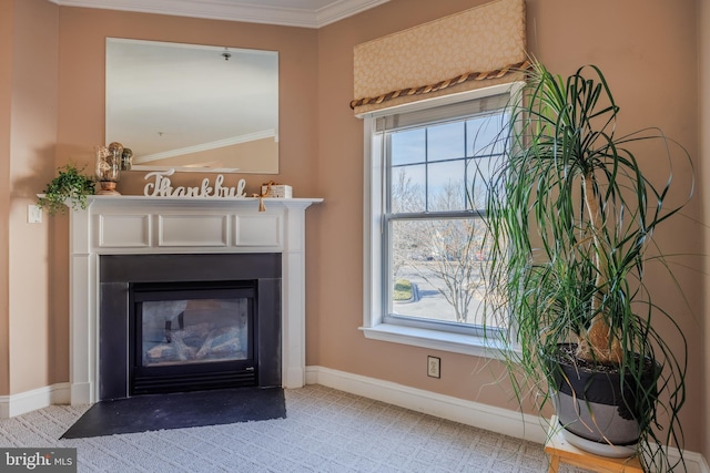 interior space with a fireplace with flush hearth, light carpet, ornamental molding, and baseboards