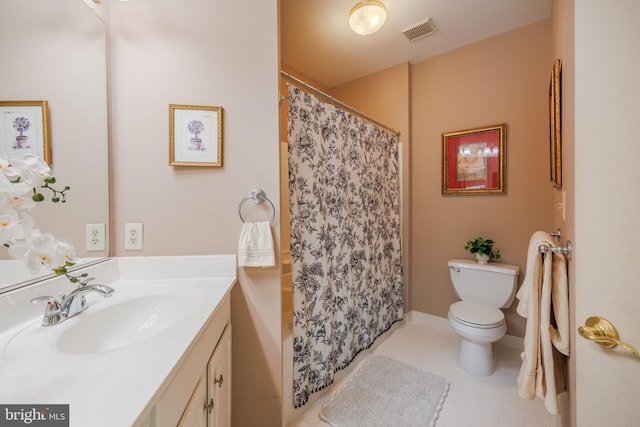 full bath featuring toilet, tile patterned flooring, vanity, and visible vents