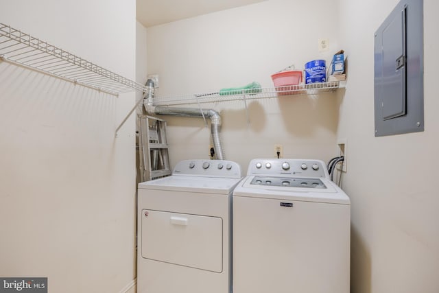 washroom with laundry area, electric panel, and washing machine and clothes dryer