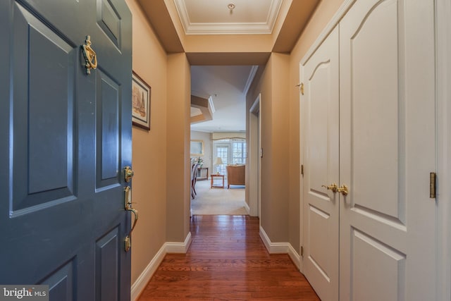 entryway with baseboards, dark wood-style flooring, and crown molding