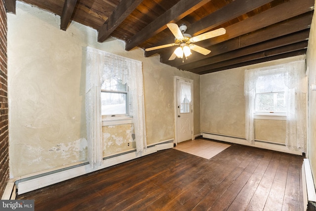 spare room featuring beam ceiling, hardwood / wood-style flooring, wood ceiling, and a baseboard radiator