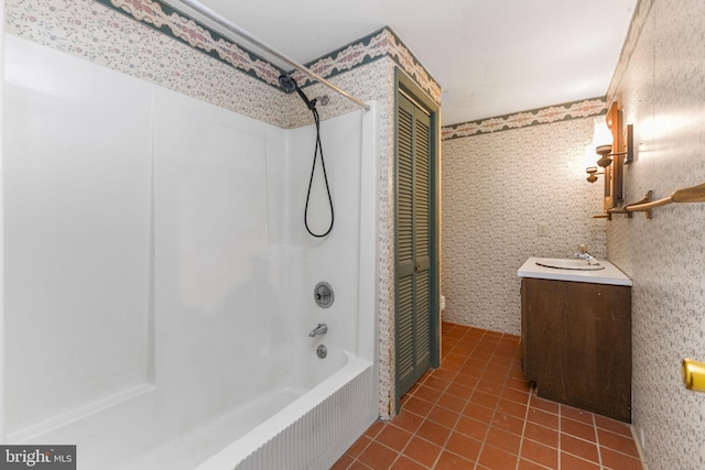 bathroom with tile patterned flooring, wallpapered walls, shower / bathing tub combination, a closet, and vanity