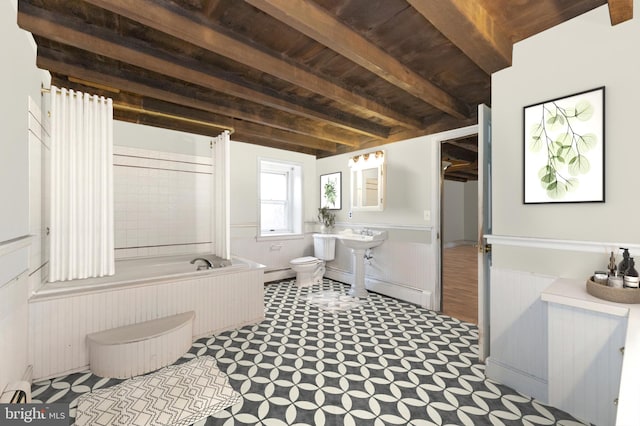 bathroom featuring a baseboard heating unit, wood ceiling, shower / tub combination, toilet, and beam ceiling