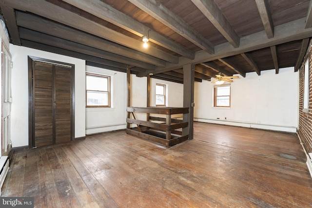 interior space featuring hardwood / wood-style flooring, wooden ceiling, baseboard heating, and a baseboard radiator