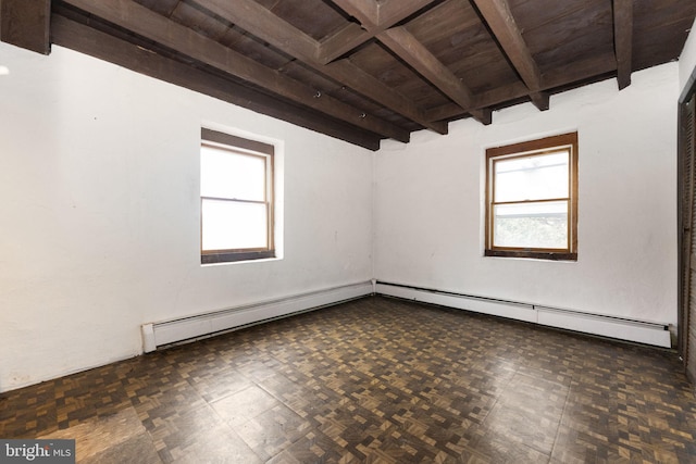 unfurnished room featuring beamed ceiling, a healthy amount of sunlight, and wooden ceiling