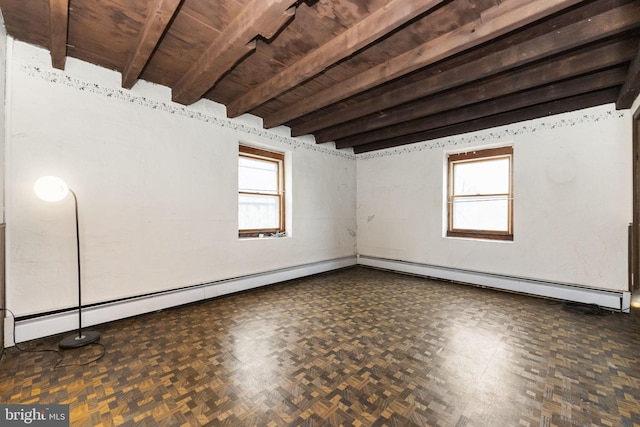 empty room with beam ceiling, wooden ceiling, and a baseboard heating unit