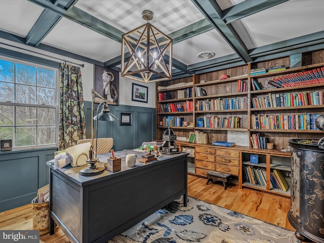 office area with a wainscoted wall, coffered ceiling, wood finished floors, and beamed ceiling