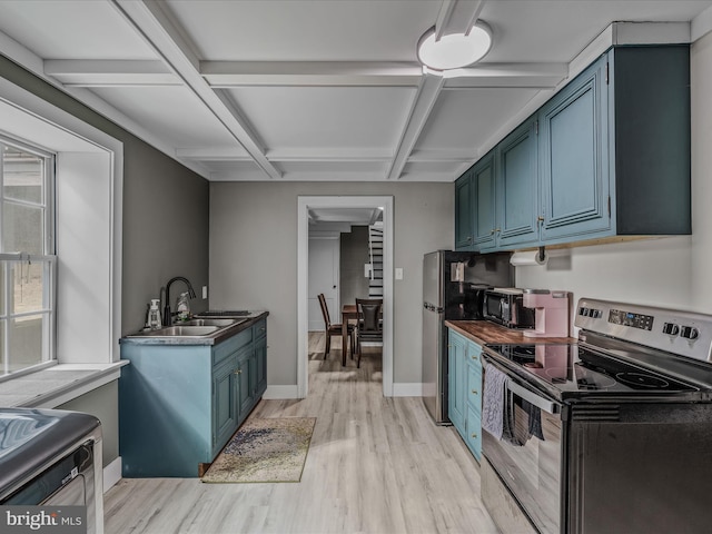 kitchen with electric range, coffered ceiling, blue cabinets, light wood-style floors, and a sink