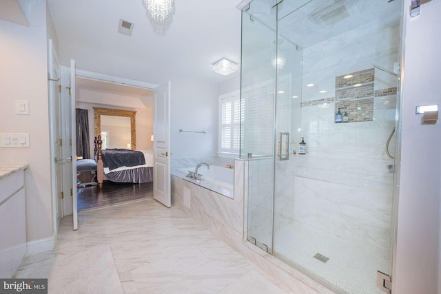 bathroom with connected bathroom, visible vents, marble finish floor, a shower stall, and a bath