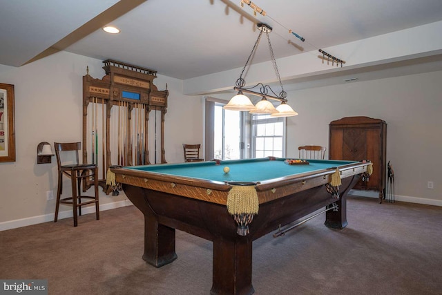 rec room with billiards, baseboards, and carpet flooring