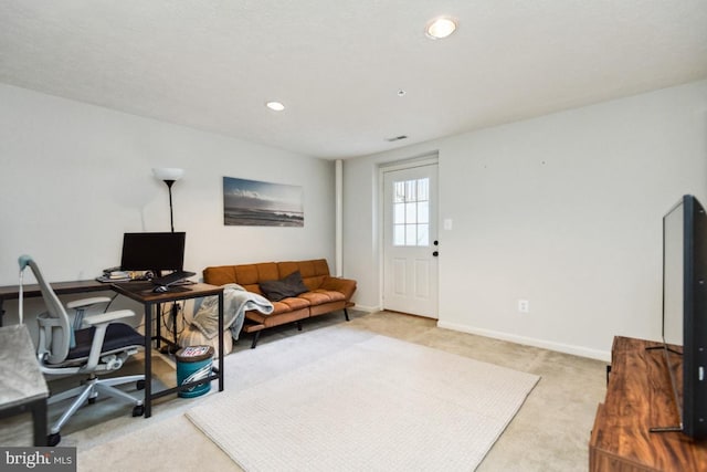 office area featuring carpet flooring, recessed lighting, and baseboards