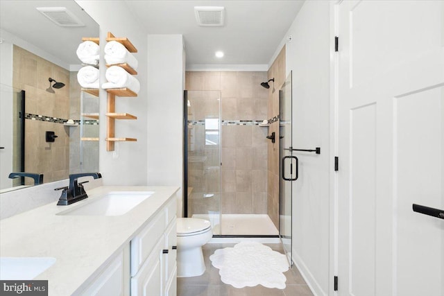 bathroom with visible vents, a shower stall, toilet, and vanity