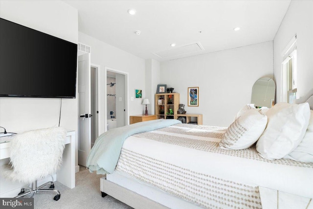 bedroom featuring light carpet, visible vents, and recessed lighting