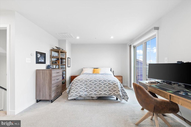 bedroom with visible vents, baseboards, light carpet, recessed lighting, and access to outside