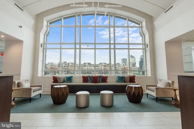 building lobby with a view of city and visible vents