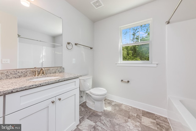 full bath with baseboards, visible vents, vanity, and toilet