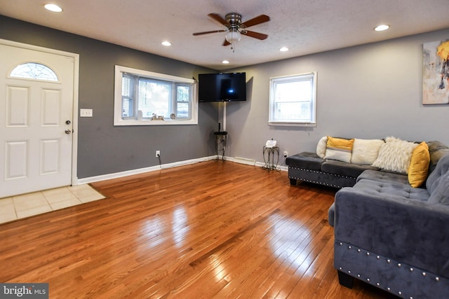 living area with wood-type flooring, baseboards, and a wealth of natural light