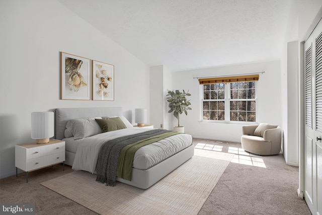 carpeted bedroom featuring lofted ceiling and a closet