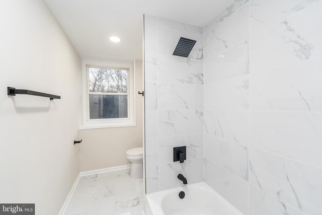 bathroom featuring toilet, recessed lighting, baseboards, marble finish floor, and tub / shower combination