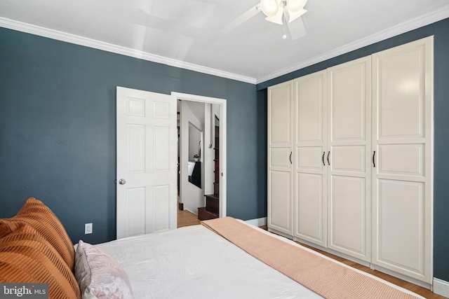 bedroom featuring a ceiling fan, baseboards, and crown molding