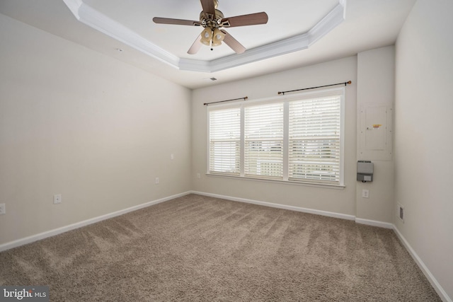 carpeted spare room featuring baseboards, ornamental molding, a raised ceiling, and a ceiling fan