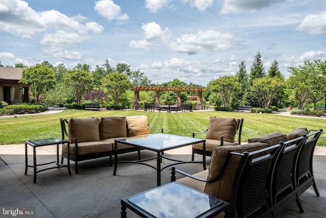 view of patio / terrace featuring outdoor lounge area and a pergola