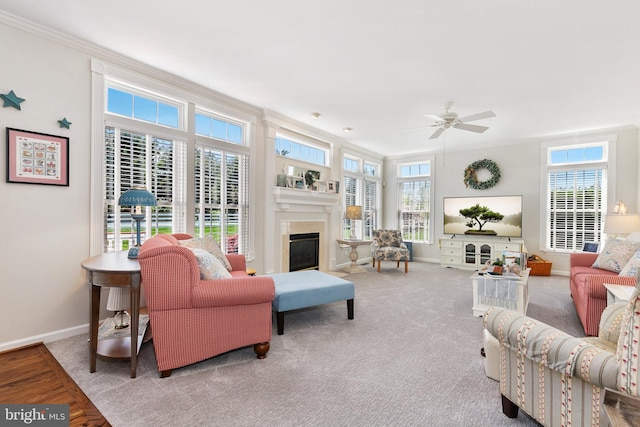 living room with a healthy amount of sunlight, ornamental molding, ceiling fan, a fireplace, and baseboards