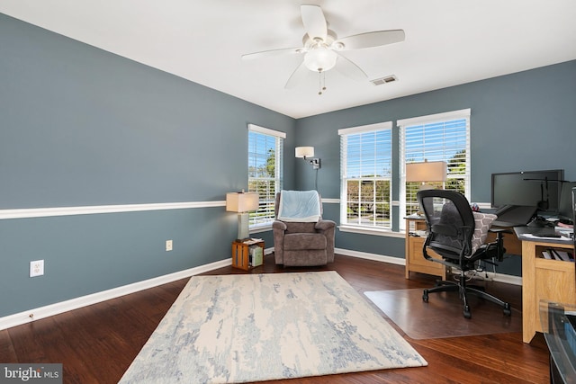 office space featuring visible vents, ceiling fan, wood finished floors, and baseboards