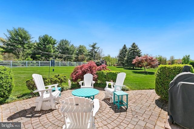 view of patio featuring fence and a grill