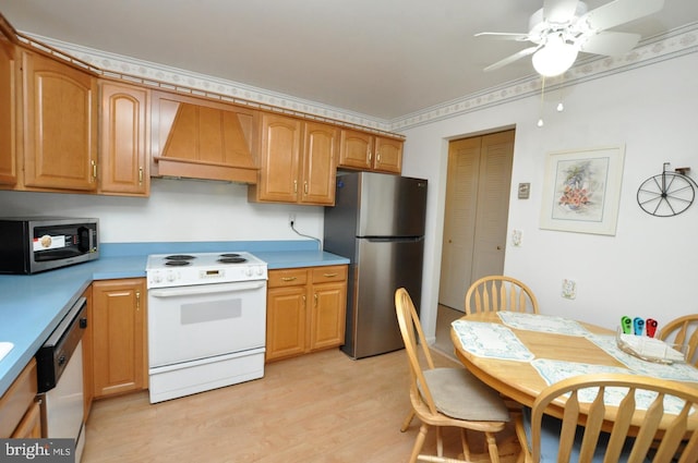 kitchen with premium range hood, a ceiling fan, stainless steel appliances, light wood-style floors, and light countertops