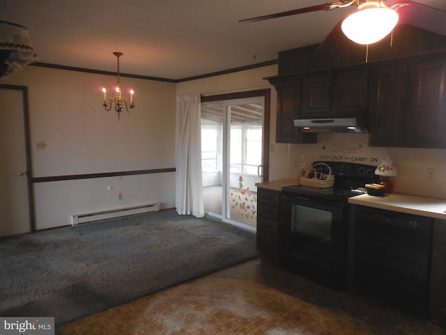 kitchen with crown molding, black appliances, a baseboard radiator, and under cabinet range hood