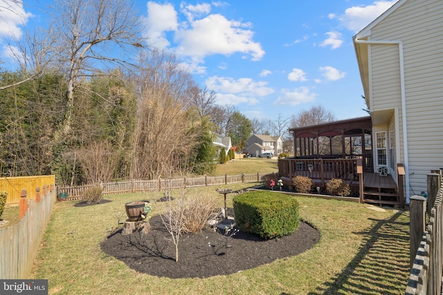 view of yard with a deck and a fenced backyard