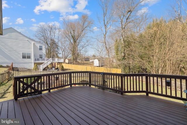 wooden terrace featuring a fenced backyard