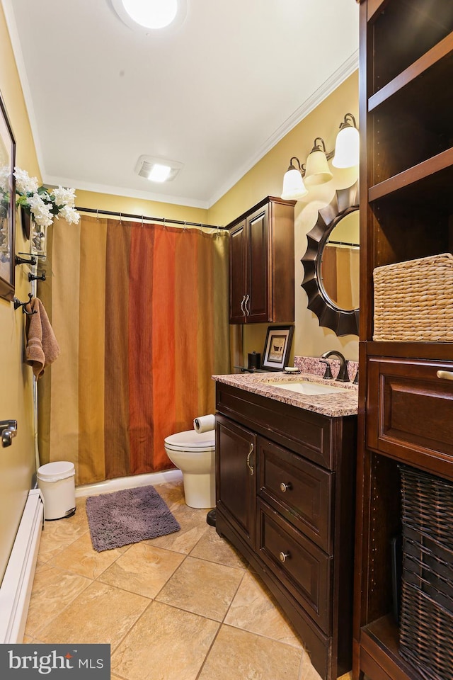 bathroom featuring toilet, ornamental molding, curtained shower, baseboard heating, and vanity