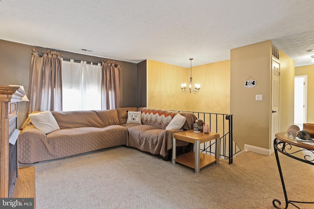 carpeted living area with baseboards, visible vents, and a chandelier