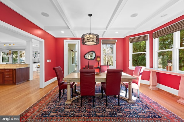 dining room with light wood-style floors, a healthy amount of sunlight, and decorative columns