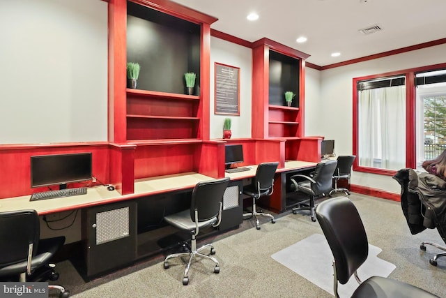 office space featuring built in desk, recessed lighting, visible vents, ornamental molding, and baseboards