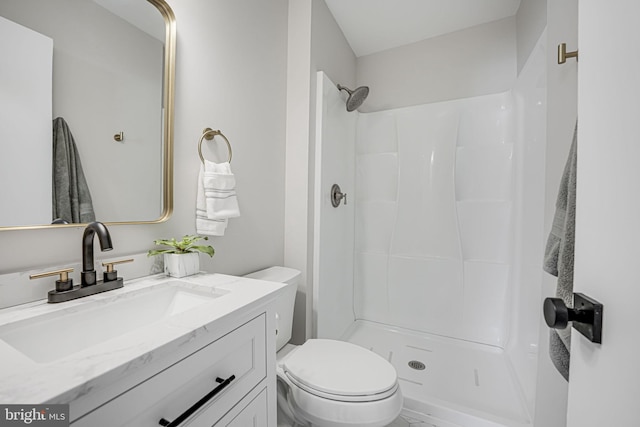 bathroom featuring vanity, toilet, and a stall shower