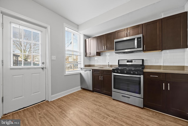 kitchen featuring appliances with stainless steel finishes, a sink, light countertops, light wood-type flooring, and backsplash