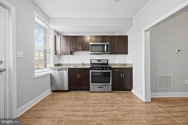 kitchen with visible vents, decorative backsplash, appliances with stainless steel finishes, light wood-style floors, and a sink