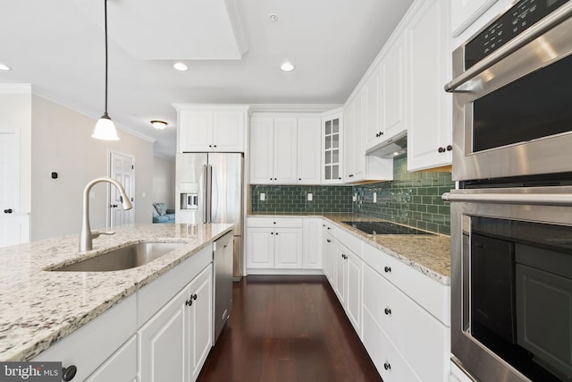 kitchen with a sink, under cabinet range hood, backsplash, stainless steel appliances, and crown molding