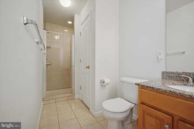 full bathroom featuring a stall shower, baseboards, toilet, tile patterned floors, and vanity