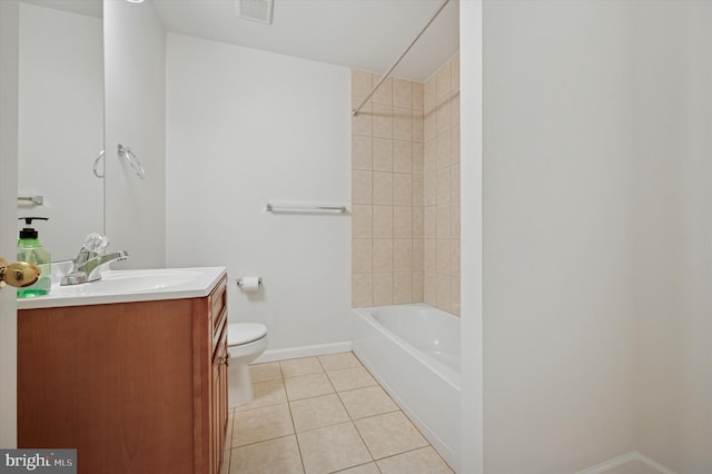 bathroom with visible vents, baseboards, toilet, tile patterned flooring, and vanity