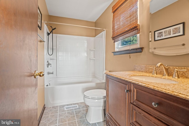 bathroom featuring bathtub / shower combination, tile patterned flooring, toilet, visible vents, and vanity